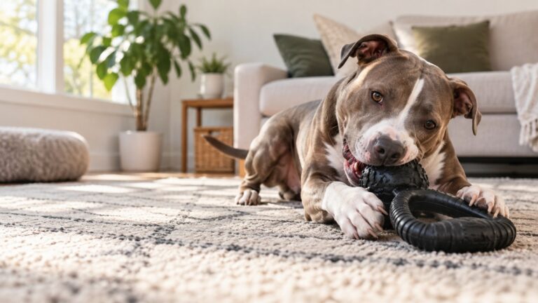 A pit bull-type dog chewing a large black rubber tug toy on a living room rug in daylight.