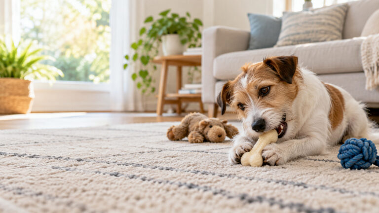 A small terrier-type dog chewing a small nylon bone toy on a living room rug next to other small toys.