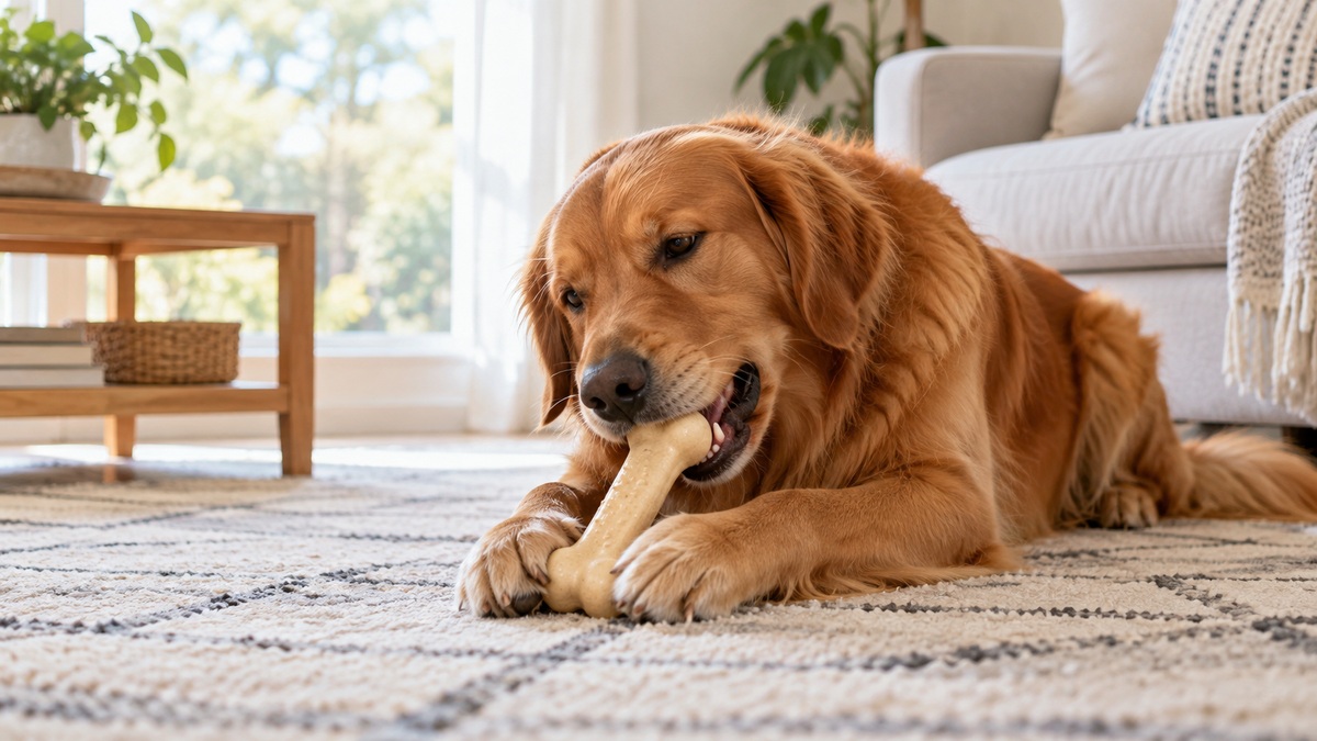 A large dog chewing a tough nylon bone toy on a living room rug in daylight.