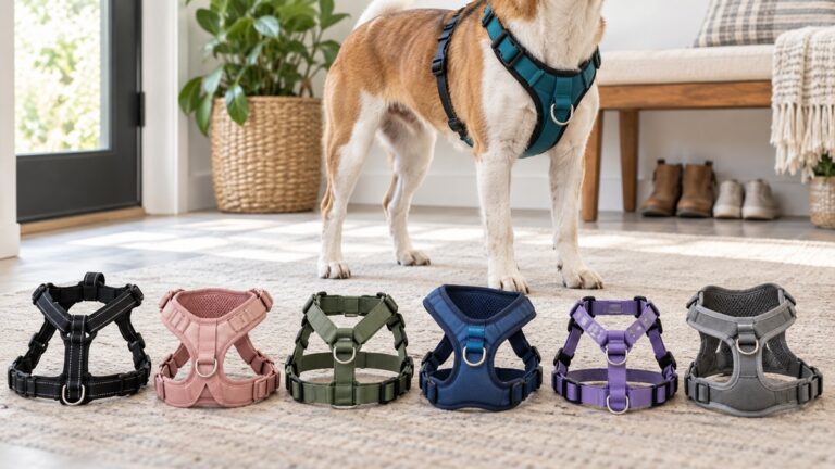 Six front-clip walking harnesses displayed with a small-to-medium dog wearing one.