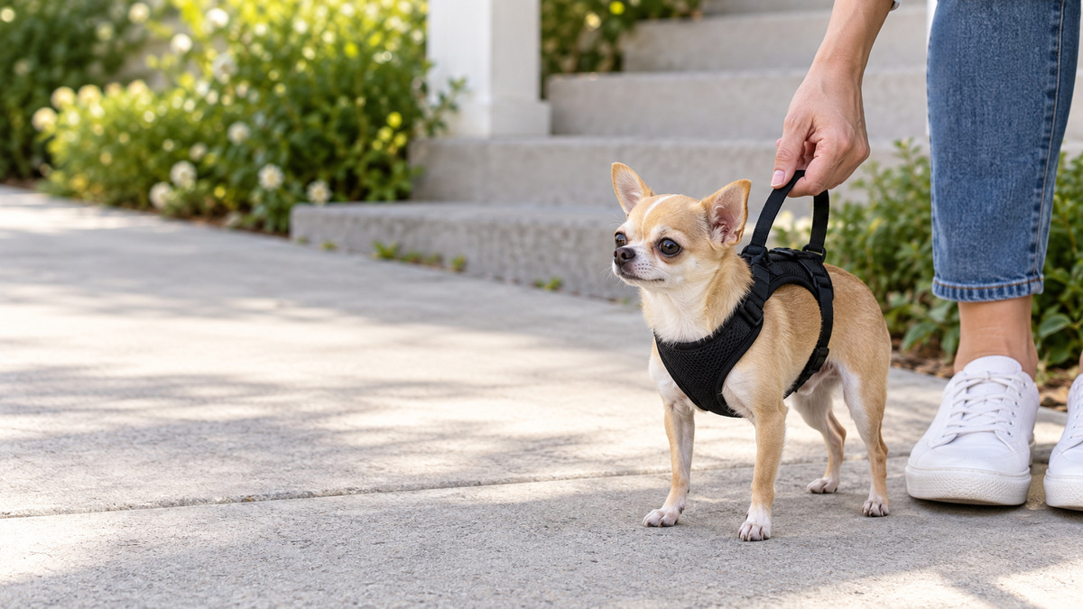 A tiny Chihuahua wearing a snug extra small harness while an owner holds the top handle on a sidewalk.