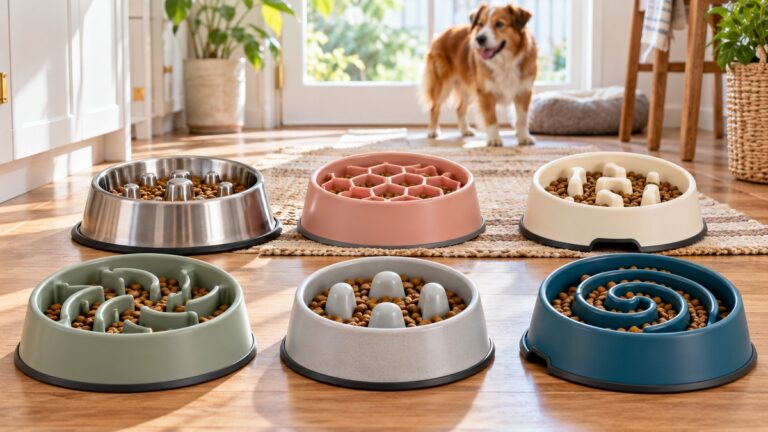 Six slow-feeding dog bowls with different obstacle patterns are arranged in a sunny kitchen.