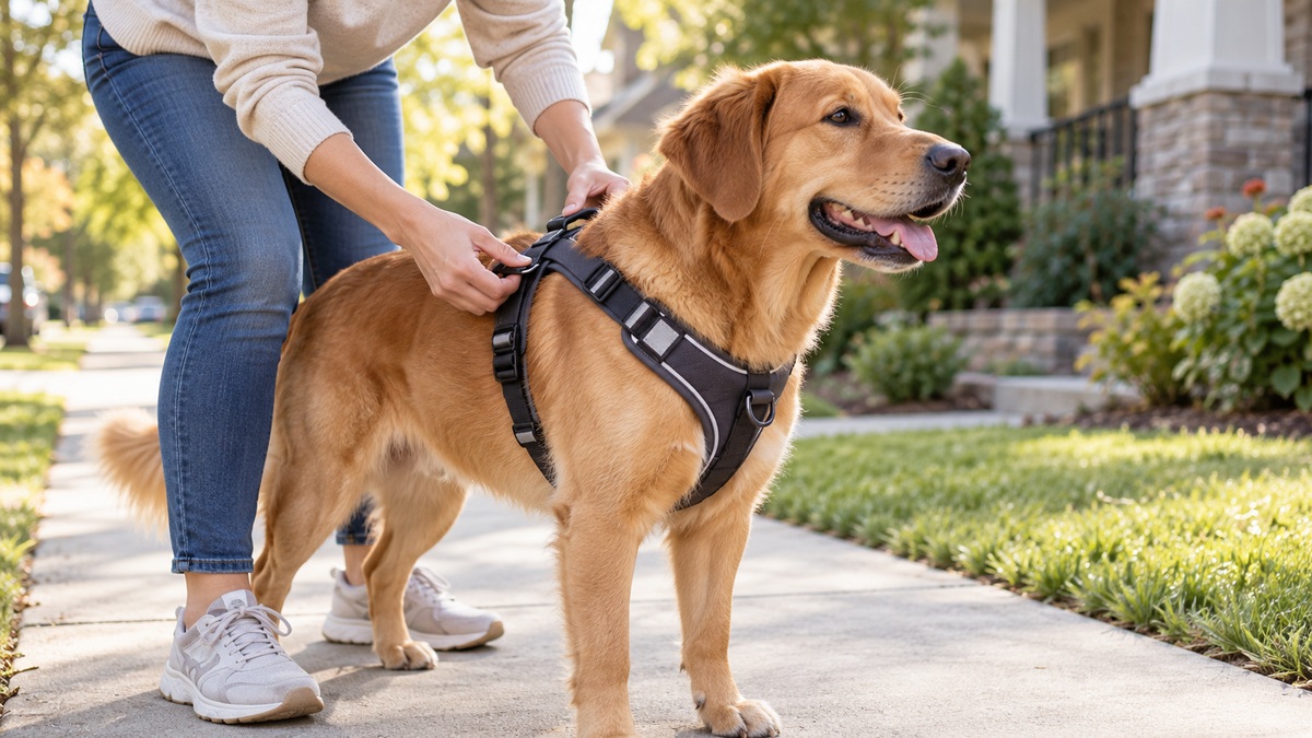 A dog owner adjusts a padded no-pull harness before a neighborhood walk.