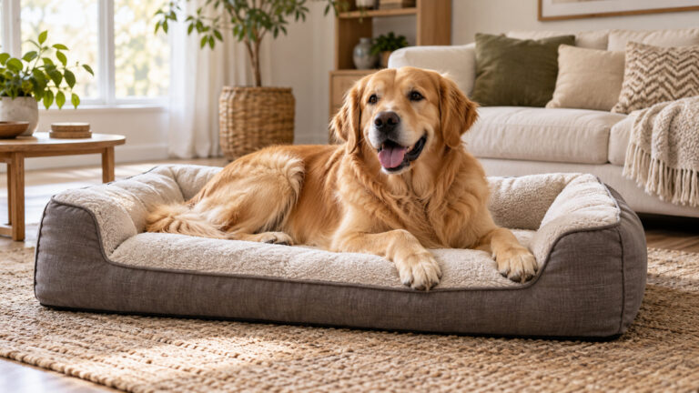 A large dog resting on a plush orthopedic bolster bed in a bright living room.