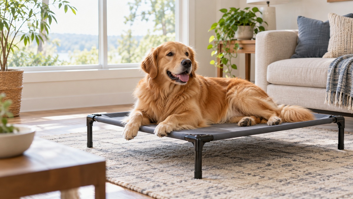 A large dog resting on a steel-framed elevated cot bed in a bright living room.