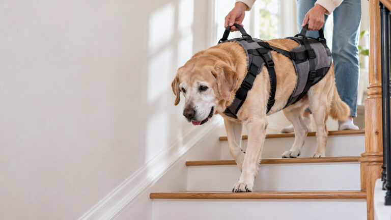 A senior large dog wearing a padded full-body support harness with top handles on indoor stairs.