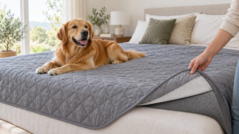 A dog lies on a gray quilted bed protector with a lifted layered corner.