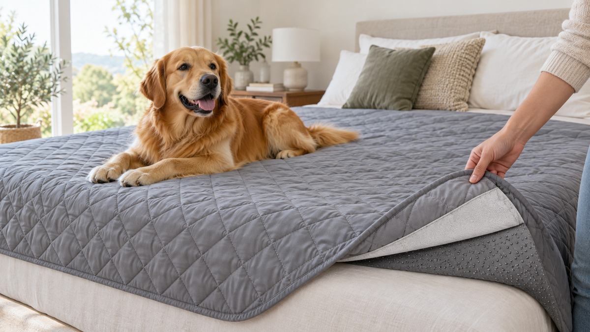 A dog lies on a gray quilted bed protector with a lifted layered corner.