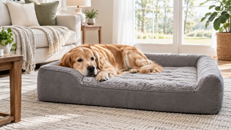 A large gray bolster orthopedic dog bed with plush sleeping surface in a bright living room with a dog resting.