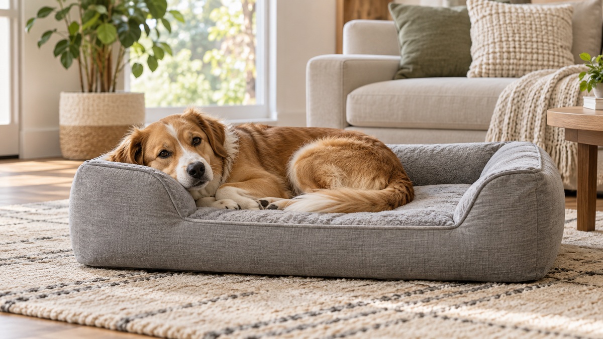 A grey sofa-style bolster dog bed on a living room rug with a medium dog curled against the bolster.
