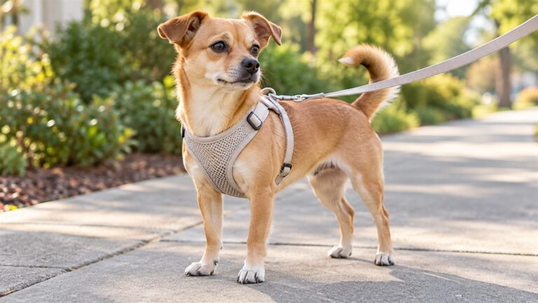 A small tan dog wearing a light mesh step-in harness with a short leash, standing on a sidewalk in soft morning light.