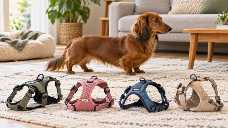 Several harness styles for long-bodied dogs are compared beside a dachshund in a bright living room.