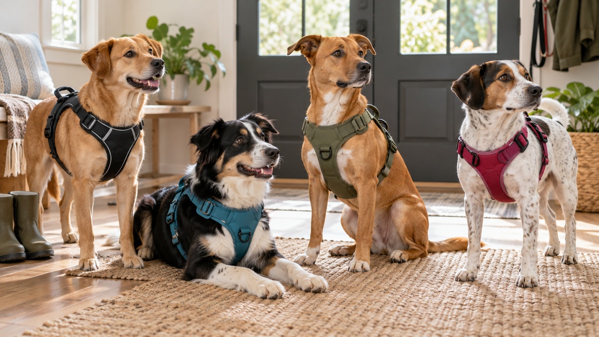 Medium-sized dogs wearing several generic harness styles in a bright home entryway.