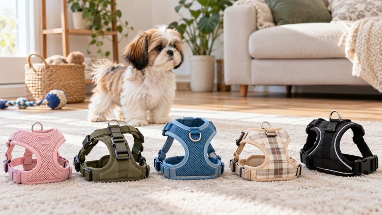 Several puppy harness styles arranged in front of a Shih Tzu puppy in a bright living room.