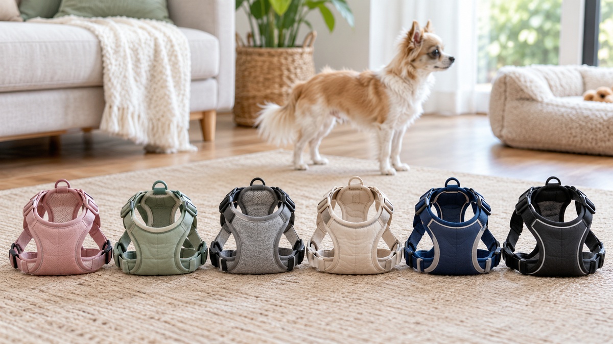 Six soft chest-support harnesses are arranged in front of a small dog.