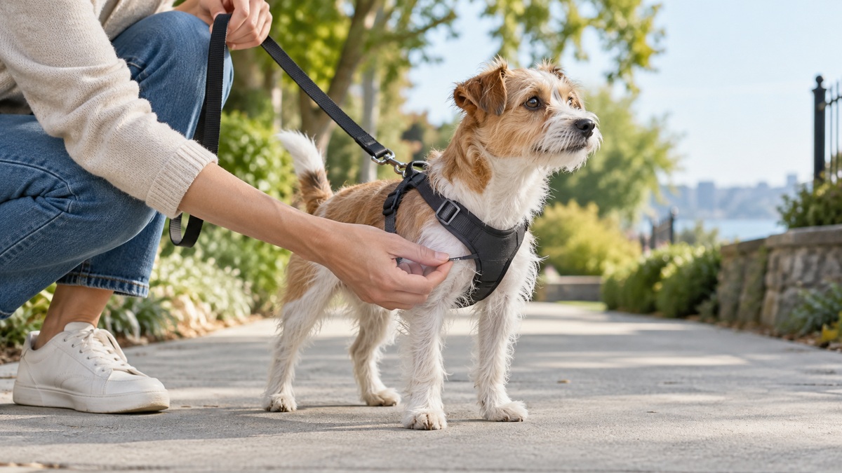 A small terrier mix wearing a snug escape-minded harness on a sidewalk, owner holding leash with two fingers checking chest strap fit.