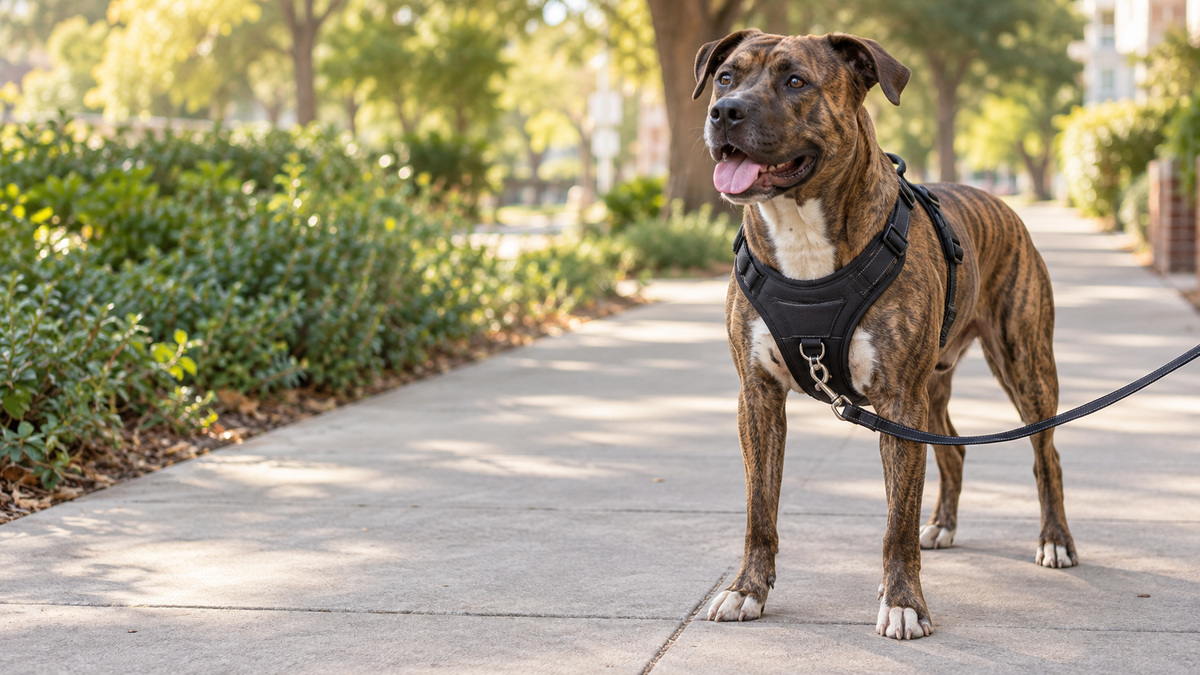 A large brindle dog wearing a black padded no-pull harness with front chest clip standing on a sidewalk in daylight.