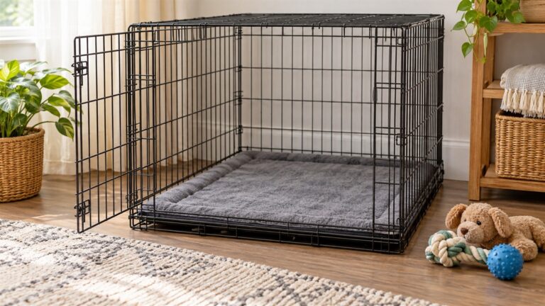 A grey crate mat laid flat inside a wire dog crate, with a chew toy set beside it on the floor.