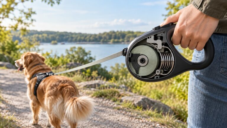 A cutaway-style view of a retractable leash handle showing spool, spring, tape and brake button beside a dog on a walk.