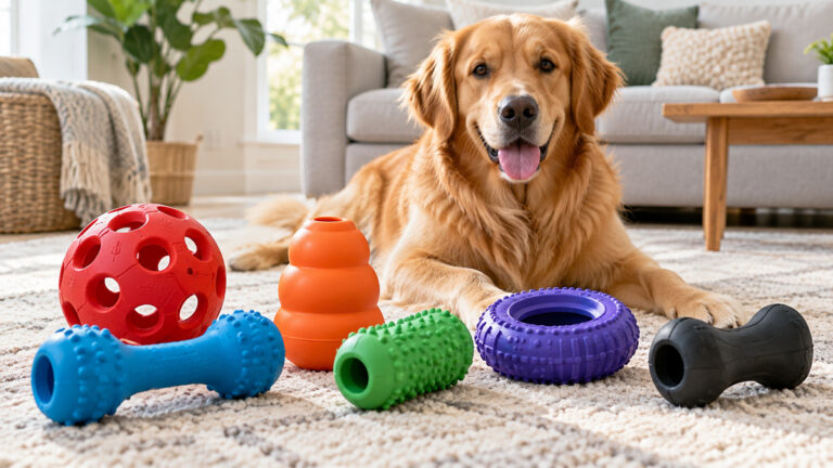 Durable rubber chew toy options arranged for comparison beside a dog in a bright living room.