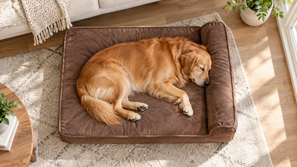 Top-down view of a rectangular brown orthopedic memory foam dog bed with raised pillow end in a bright living room.