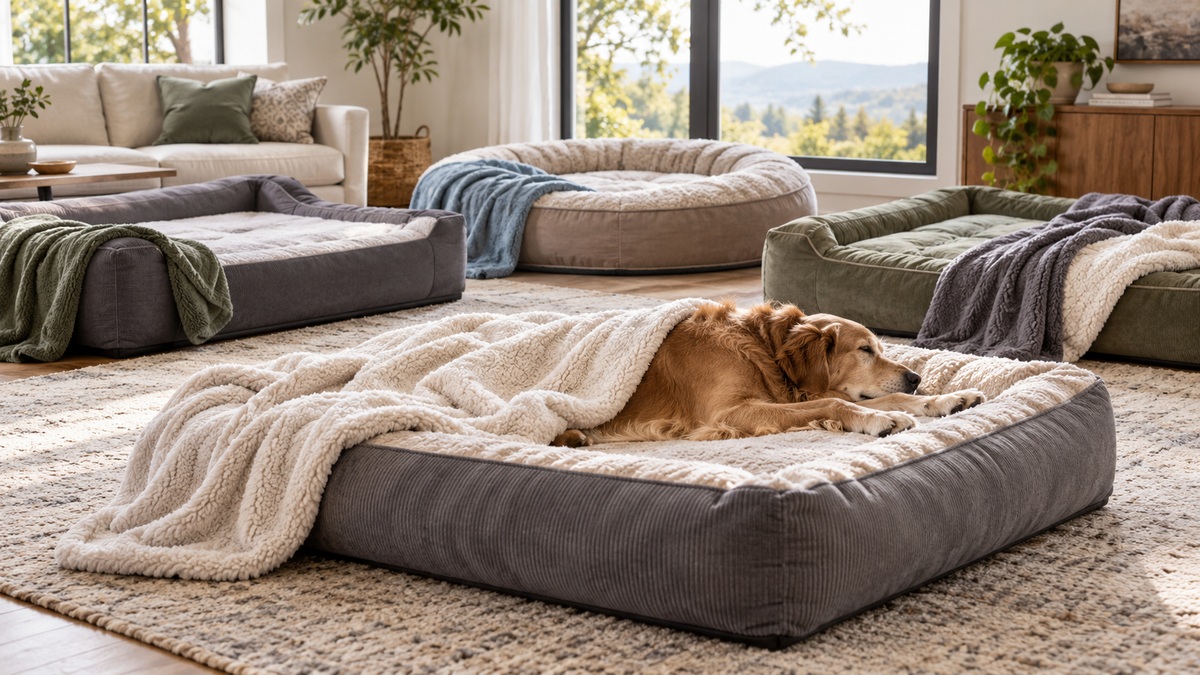 A large dog sleeps under a soft blanket among several spacious dog beds.