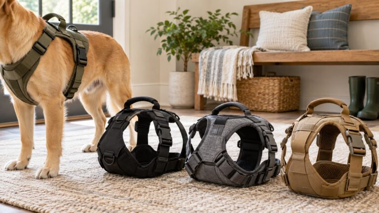 Supportive large dog harnesses with lifting handles displayed beside a dog wearing one.