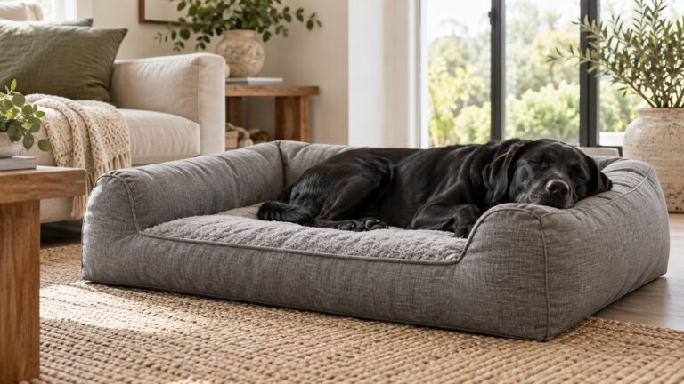 A large grey orthopedic dog bed with raised bolsters on all sides, with a sleepy black Labrador resting its head on one bolster.