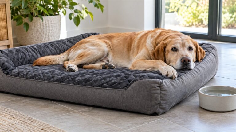 A large grey dog bed with a dark quilted cover on a tiled floor beside a water bowl, with a dog lying across it.
