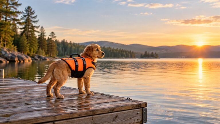 A small puppy in a bright orange life jacket with a top grab handle, standing on a wooden dock beside a calm lake at sunrise.