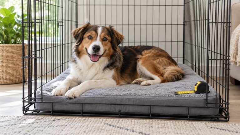 A dog resting on a grey crate pad inside a wire crate, with a tape measure lying at one corner.