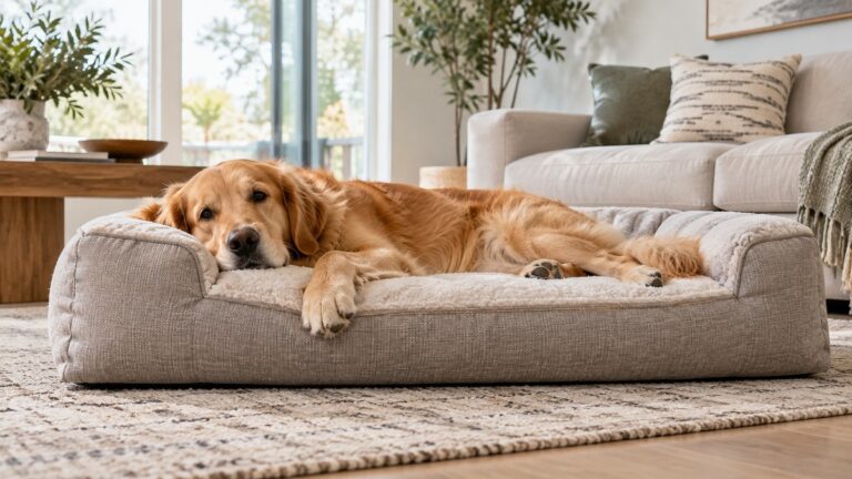 A large dog stretched out on a bolstered bed in a bright living room, shot from floor level.