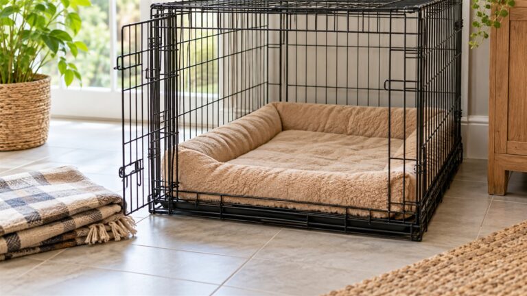 A tan kennel pad inside a wire dog crate, with a folded blanket beside it on a tiled floor.