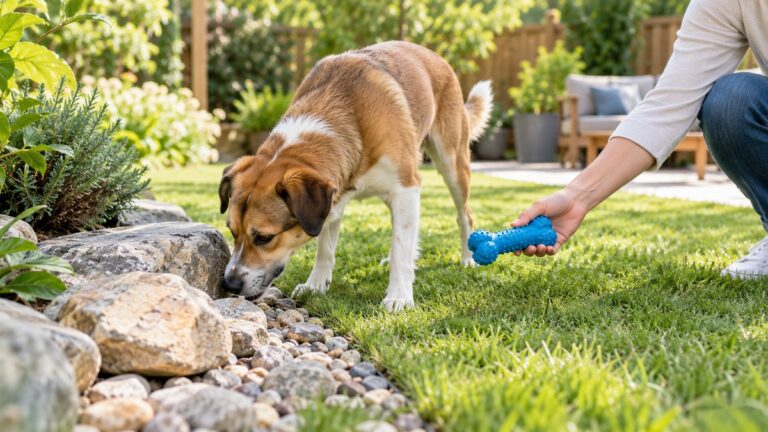 A dog is redirected from garden rocks toward a safe chew toy in a sunny yard.