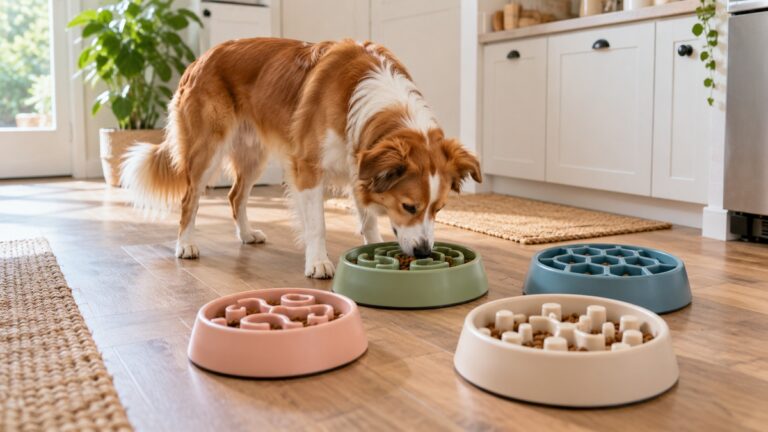 A dog investigates one of several maze-style slow feeder bowls in a home kitchen.
