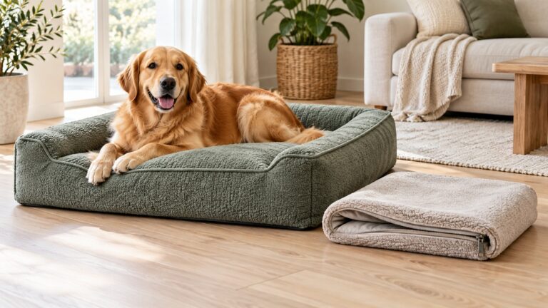 Two generic removable dog bed covers arranged for comparison in a bright living room.