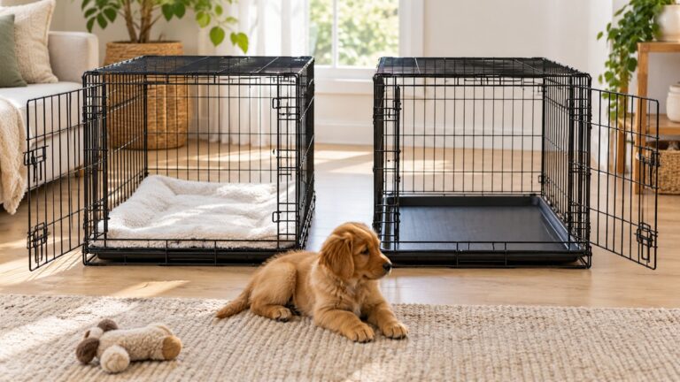 Two puppy crates show a washable pad and a bare tray in a bright home setting.