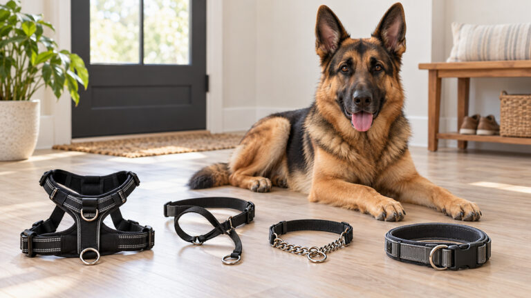 Generic no-pull collar options arranged beside a German shepherd in a bright home entryway.