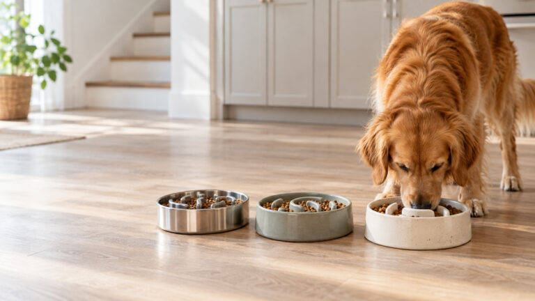 A row of ceramic and stainless steel slow feeder bowls with kibble in maze ridges on a kitchen floor.