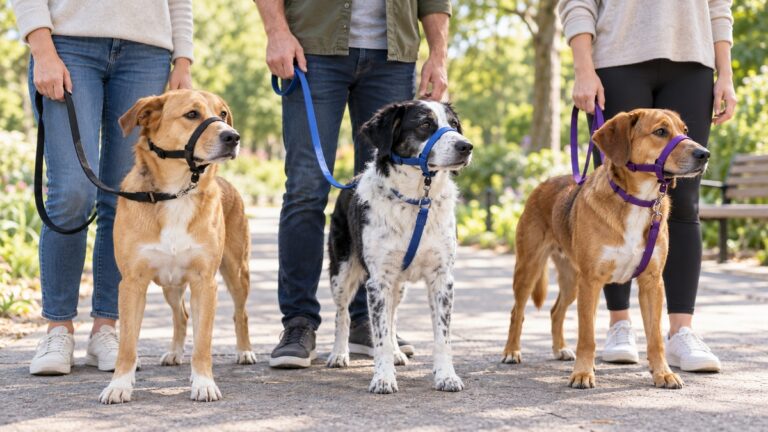 Three calm dogs wearing different nose-loop harnesses on a sunny park path.