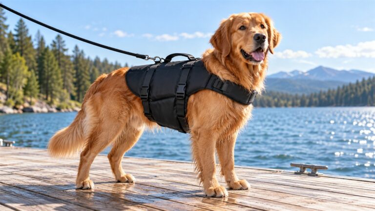 A large dog wearing a black life jacket on a dock, with a leash clipped to the D-ring on the back.