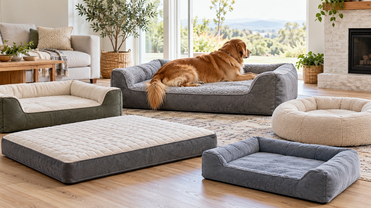 A large dog rests among several orthopedic dog beds in a bright living room.