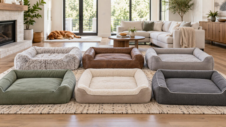 Six extra-large orthopedic dog beds are compared in a bright living room.