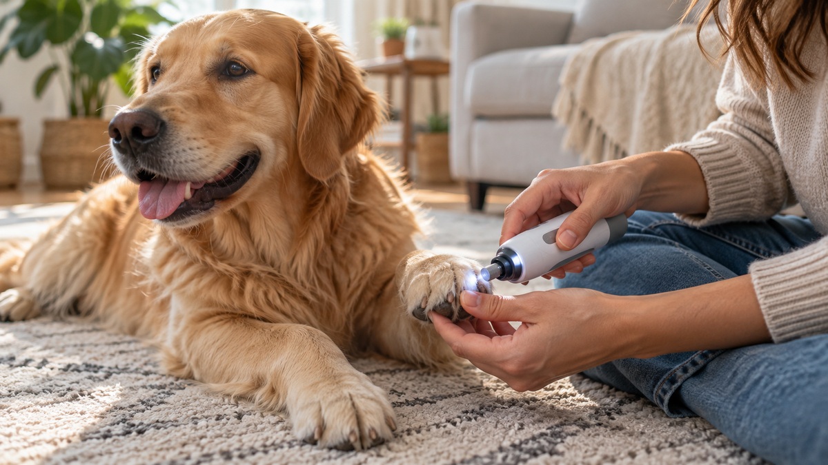 A small quiet nail grinder with LED light held near a dog paw on a living room rug.