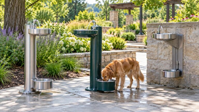 Three outdoor drinking fountain configurations with lower dog bowls in a landscaped park.