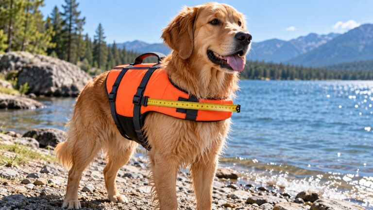 A dog in an orange life jacket on a lake shore, with a tape measure lying across the vest's chest strap.