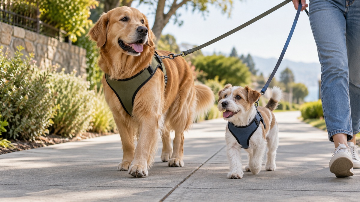 A small and a large dog wearing over the head vest harnesses on a sidewalk in daylight.
