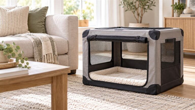 A soft-sided dog crate with a plush mat inside, set up beside a sofa in a bright living room.