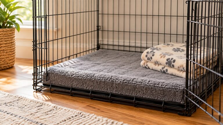 A thick foam crate pad lying flat on a wire kennel floor, with a dog blanket folded beside it in soft natural light.