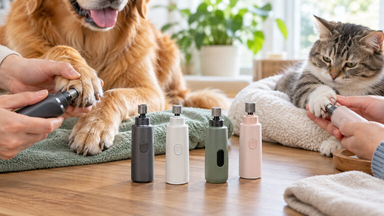 Generic steel-grit nail grinders shown during calm dog and cat grooming.